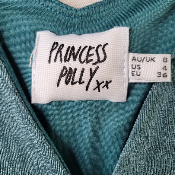 Princess Polly Bodycon Dress Size 4 Green Shimmer Ruching Side Zip Surplice - Picture 4 of 10